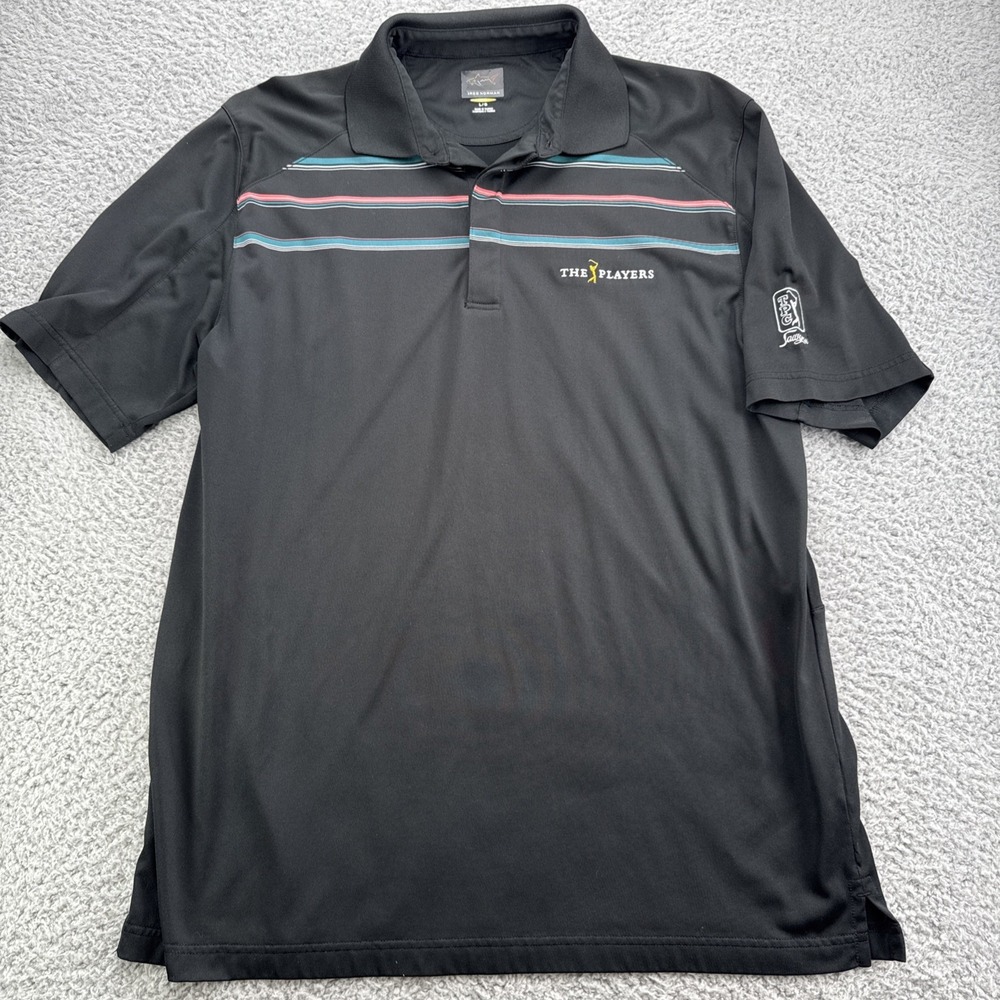 Greg Norman Golf Polo Shirt Mens Large S/S Black The Players Sawgrass Logo